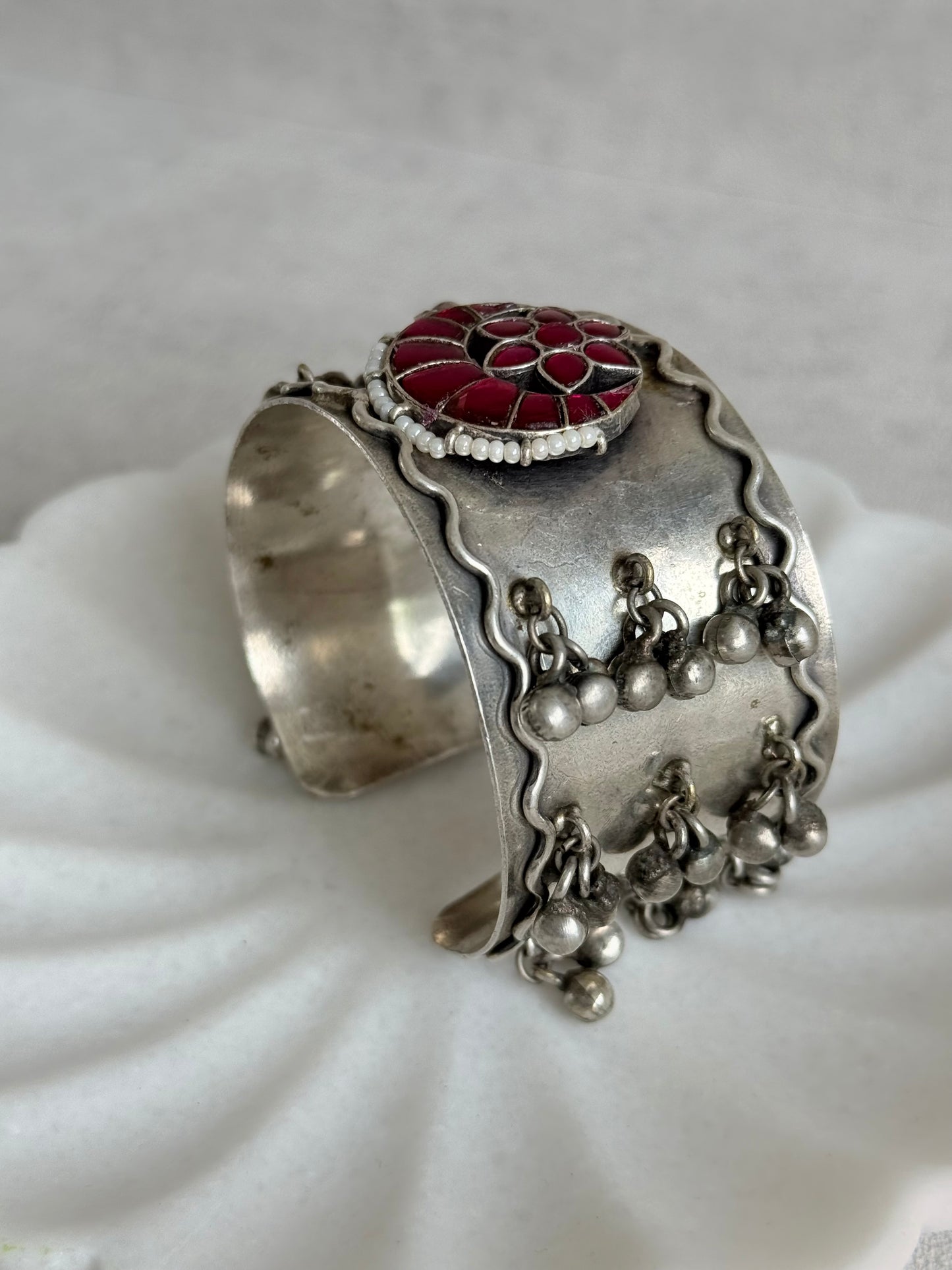 Ayura Designs Ketki Adjustable Cuff Bracelet – Ruby Pink Kundan Floral Motif & Ghungroo Detailing