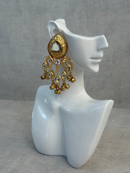 Ayura Designs Arheer Earrings – White & Bronze Marble with Kundan Detailing & Antique Gold Ghungroos