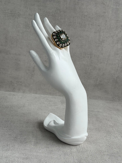 Ayura Designs Arzoo Adjustable Ring – Mirror-Cut Stone Centre with Emerald Green Stones, Green Enamel & Crystal Detailing