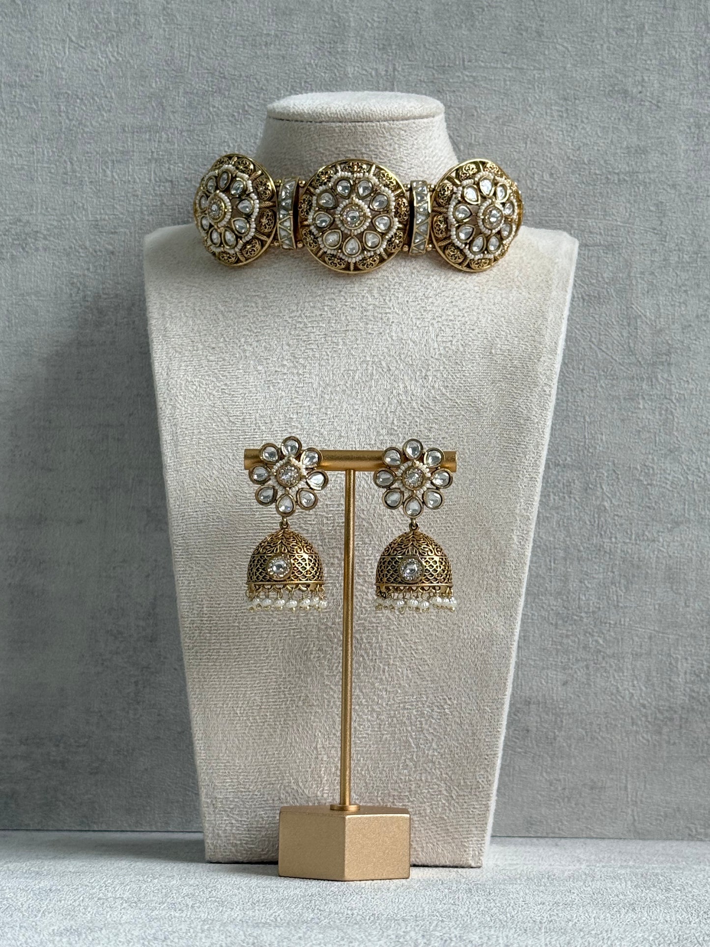 Ayura Designs Tanu Choker Set – Antique Gold Choker & Jhumkis with Kundan, Pearl Borders & Filigree Detailing