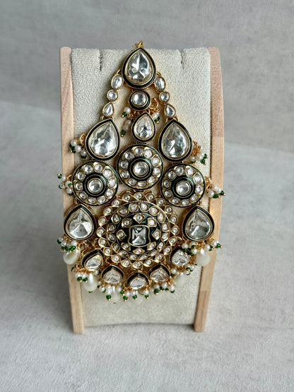 Ayura Designs Suhana Jhoomar Passa – Kundan Jhoomar with Ivory Pearl Drops, Pearl Detailing & Green Bead Accents