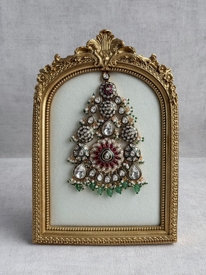 Ayura Designs Zoha Jhoomar Passa – Polki Kundan with Ruby Pink Floral Centre, Emerald Green Drops & Pearl Detailing