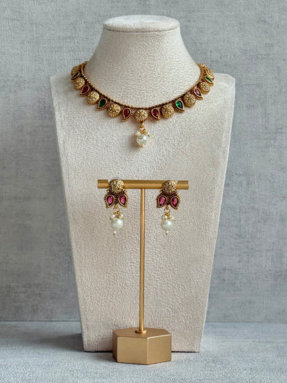 Ayura Designs Mayura Necklace Set with Earrings – Antique Gold Meenakari Motifs with Pearl Drop & Rani Pink and Emerald Green Stones
