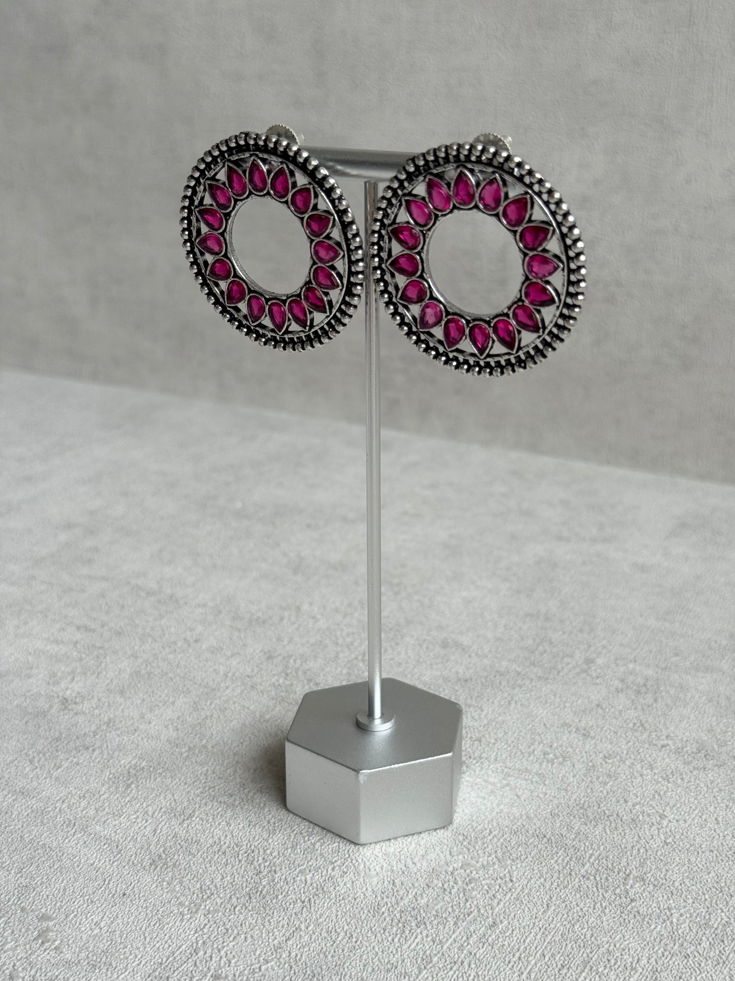 Ayura Designs Kesar Studs – Statement Oxidised Stud Earrings with Fuchsia Pink Stones