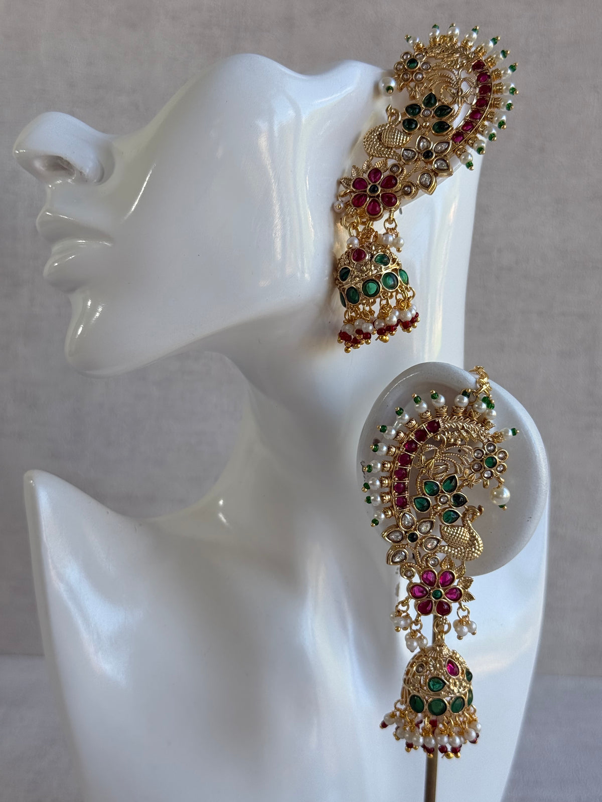 Ayura Designs Nitya Kaanphool Jhumkis – Gold Half Ear Cuff Earrings, Peacock Motifs, Pink & Emerald Green Kundan, Pearl Drops & Sahare