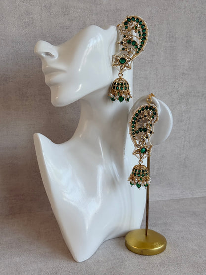 Ayura Designs Urisha Ear Climber Jhumkis – Emerald Green, Kundan & Pearl Detailing