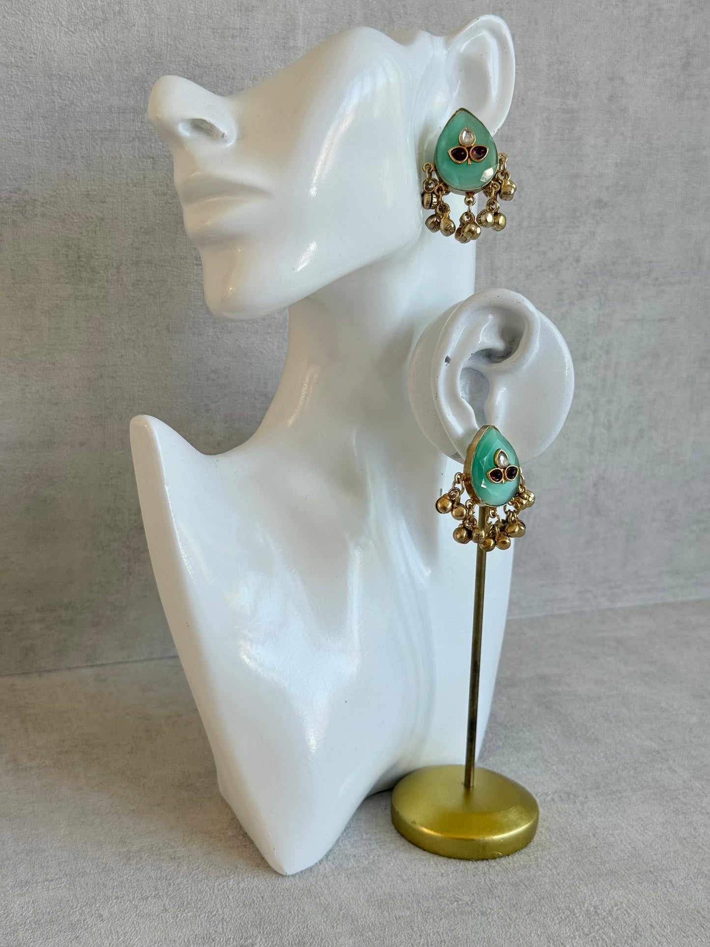 Ayura Designs Aykai Earrings – Mint Green Teardrop Stud Earrings with Clear & Pink Kundan Stones and Gold Ghungroo Drops