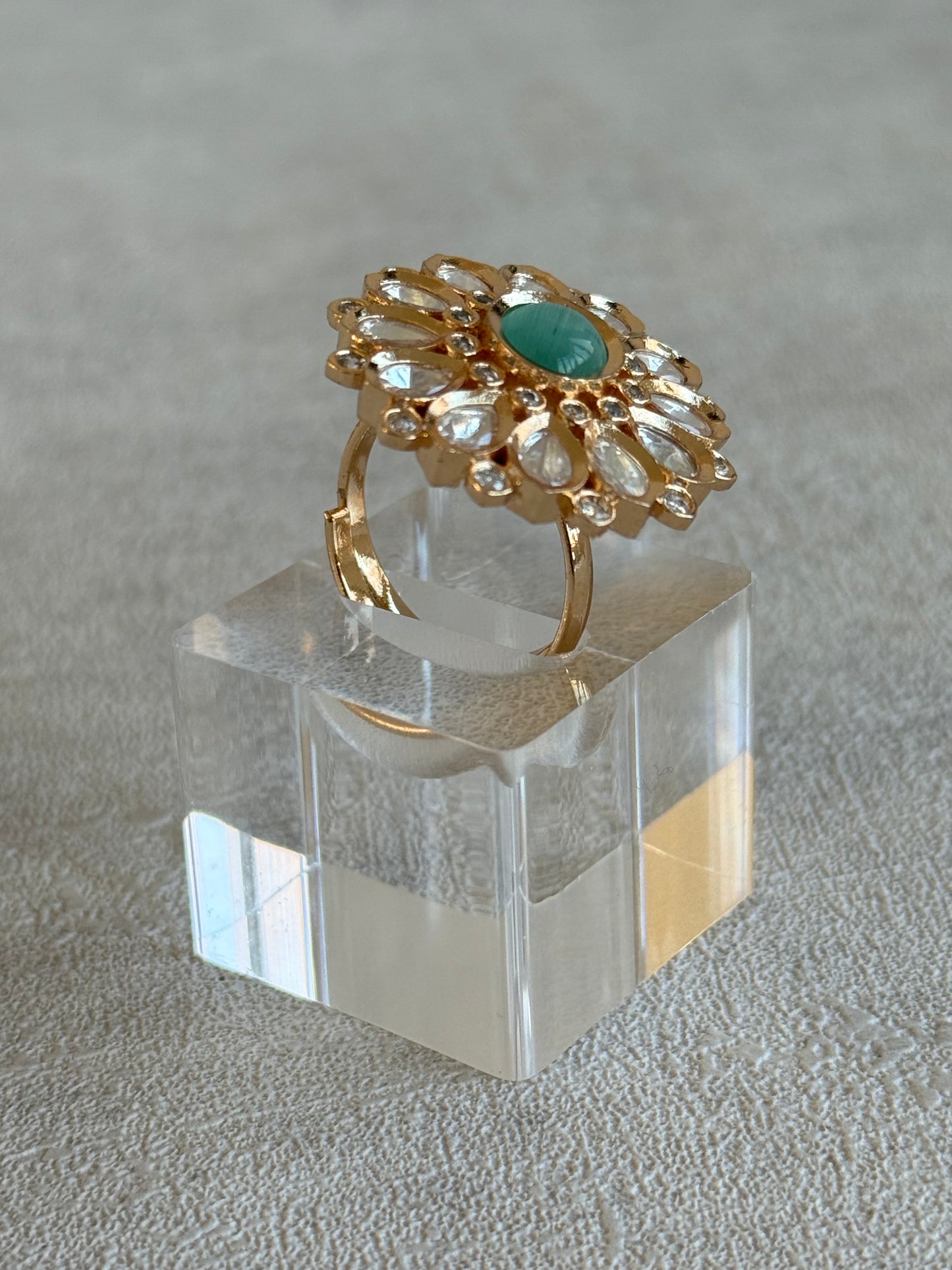 Ayura Designs Luisa Adjustable Ring – Mint Centre Stone with Crystal Petal Detailing