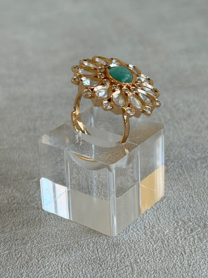 Ayura Designs Luisa Adjustable Ring – Mint Centre Stone with Crystal Petal Detailing