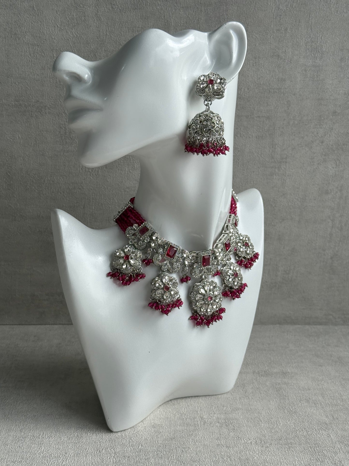Ayura Designs Zarghuna Set with Jhumkis & Tikka – Fuchsia Beads, Mirror-Cut Stones & Silver Finish