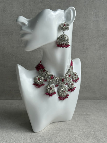 Ayura Designs Zarghuna Set with Jhumkis & Tikka – Fuchsia Beads, Mirror-Cut Stones & Silver Finish
