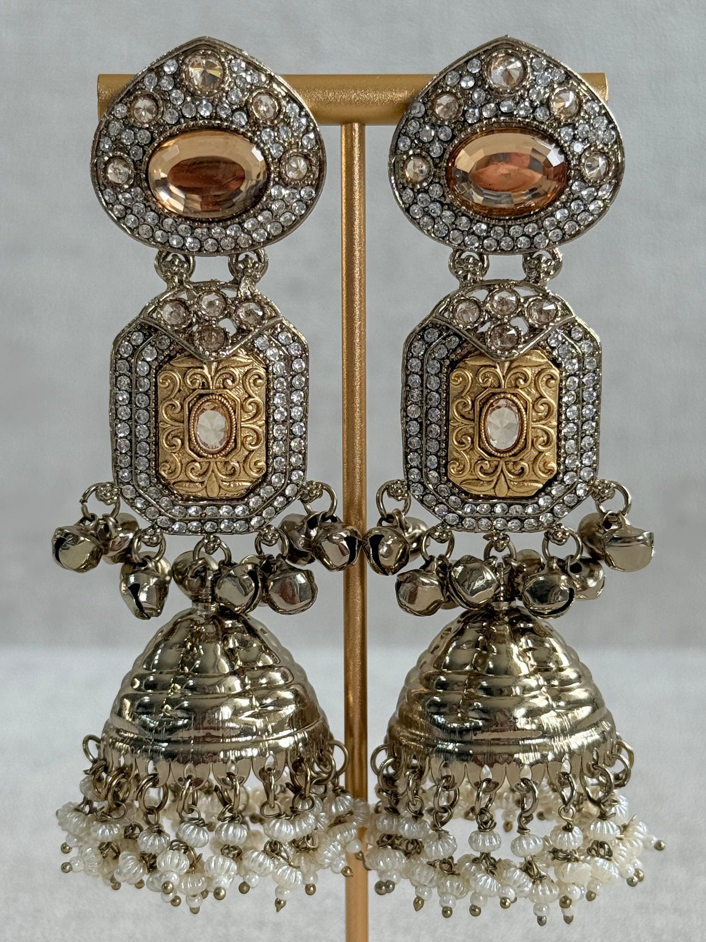 Ayura Designs Maara Jhumkis – Champagne Gold with Champagne Stones, Crystals, Ghungroos & Pearl Detailing