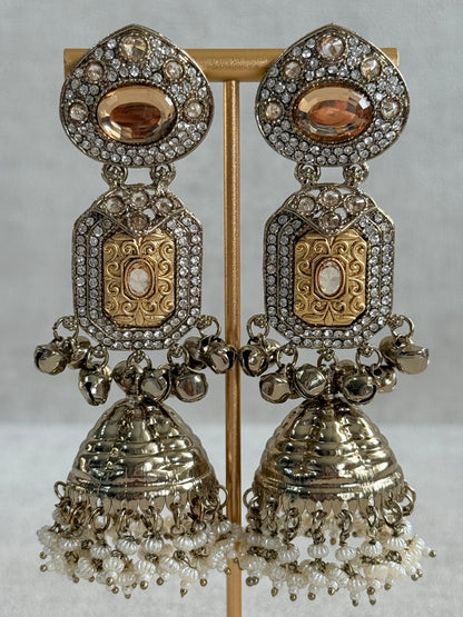 Ayura Designs Maara Jhumkis – Champagne Gold with Champagne Stones, Crystals, Ghungroos & Pearl Detailing
