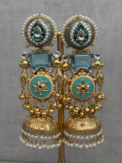 Ayura Designs Neelam Earrings – Handcrafted Gold-Toned Brass Statement Earrings with Blue Enamel, Kundan, Pearls & Jhumka Detailing