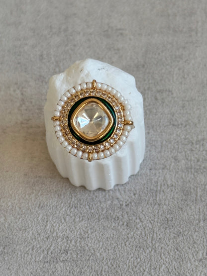 Ayura Designs Roselle Adjustable Ring – Moissanite Centre with Crystal Border & Ivory Pearls