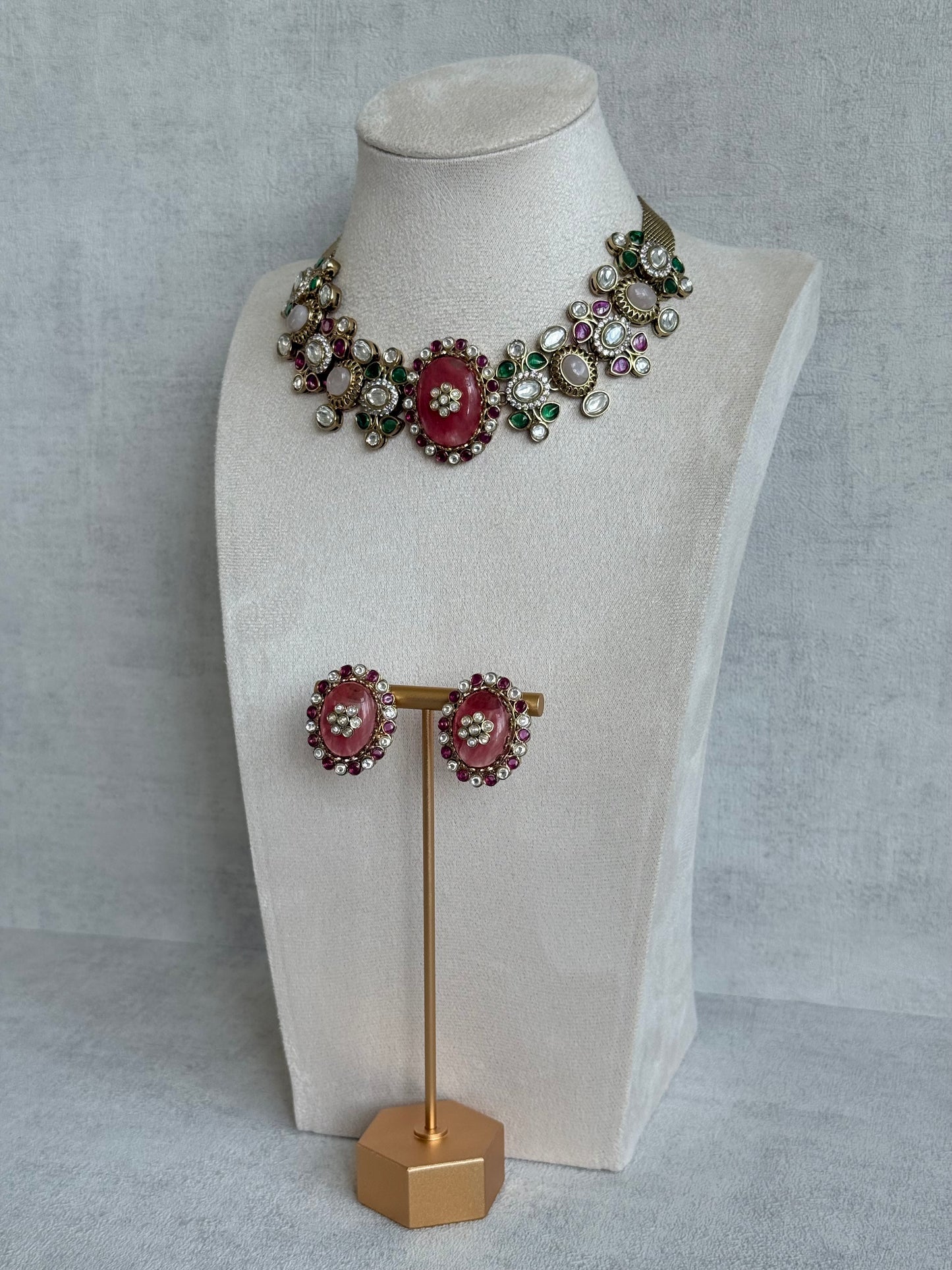 Ayura Designs Nova Necklace Set with Stud Earrings – Rose Pink Centre Stone, Kundan Detailing & Multicolour Gemstone Accents