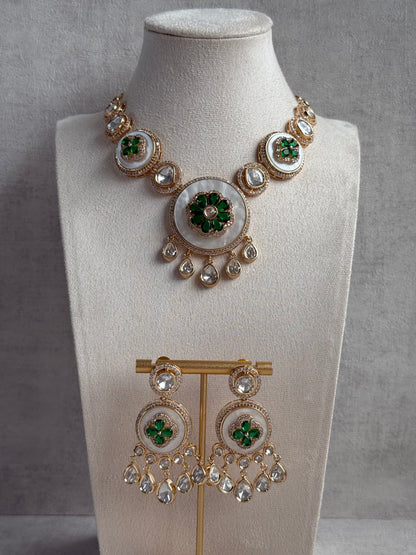 Ayura Designs Wisah Set with Necklace & Earrings – Emerald Green Floral Motifs with Mother of Pearl, Mirror-Cut Stones & Crystal Detailing