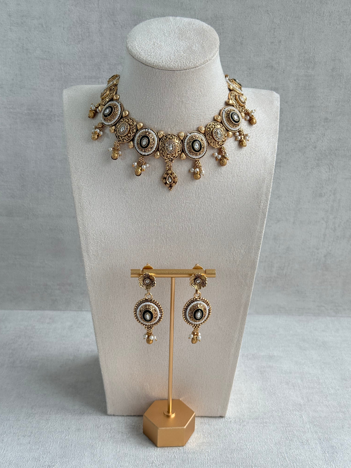 Ayura Designs Livia Necklace Set with Earrings – Green Enamel, Kundan & Pearl Detailing in Antique Gold Finish