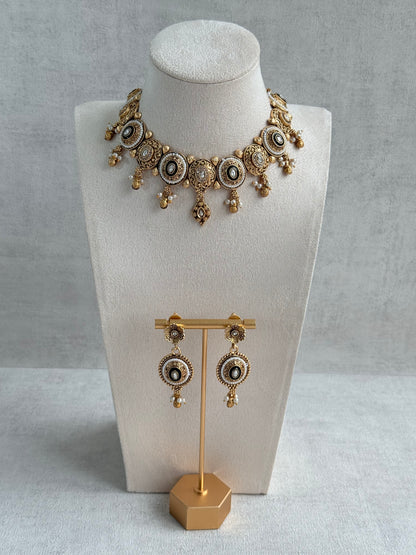Ayura Designs Livia Necklace Set with Earrings – Green Enamel, Kundan & Pearl Detailing in Antique Gold Finish