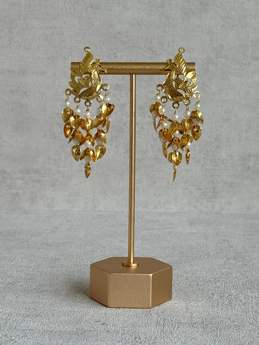 Ayura Designs Patari Earrings – Gold Peacock Pipal Patti Pearl Drop Earrings
