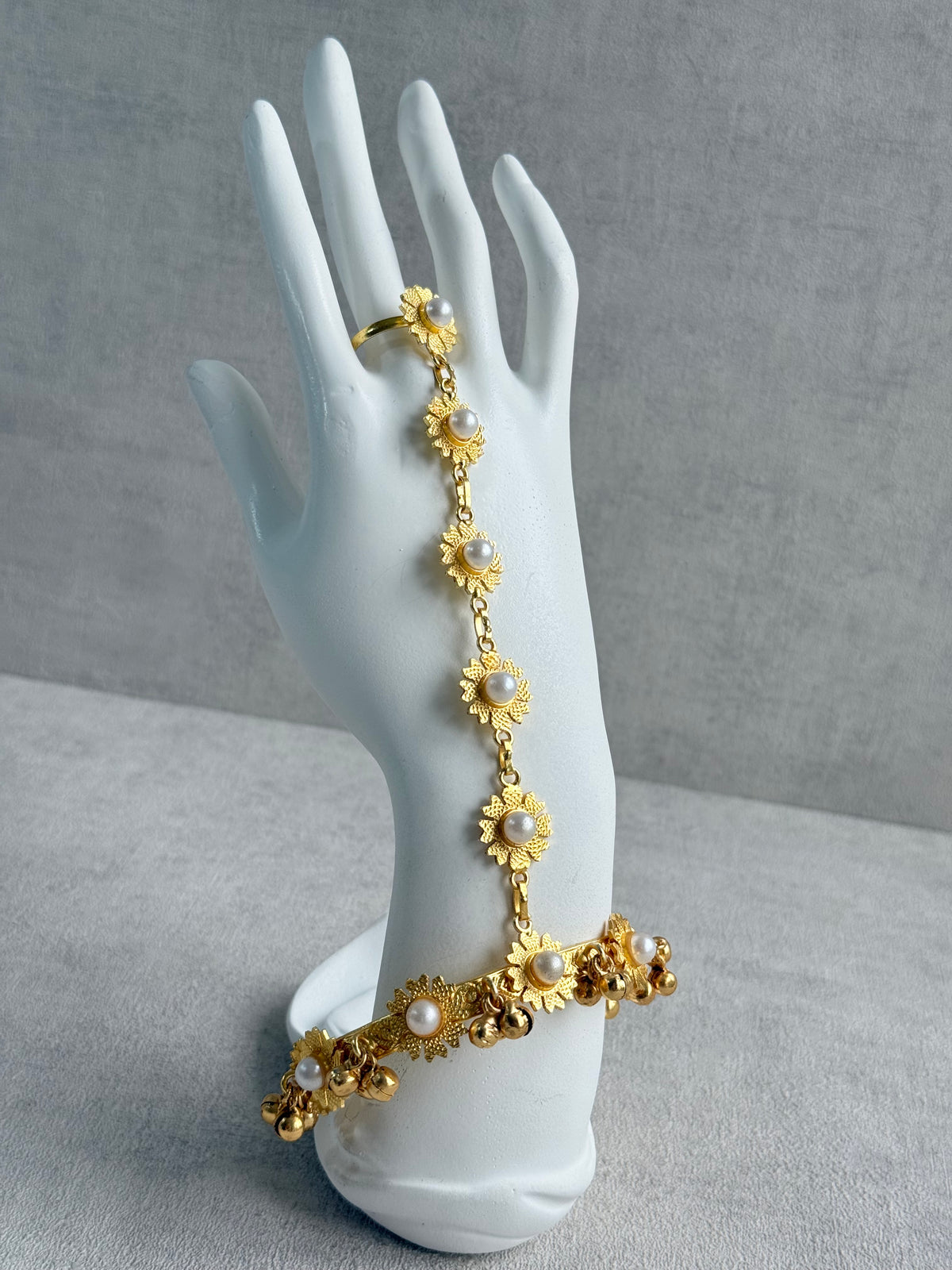 Ayura Designs Avanti Haathphool Set of 2 – Gold Finish Floral Hand Harness with Ivory Pearls & Ghungroo Detailing