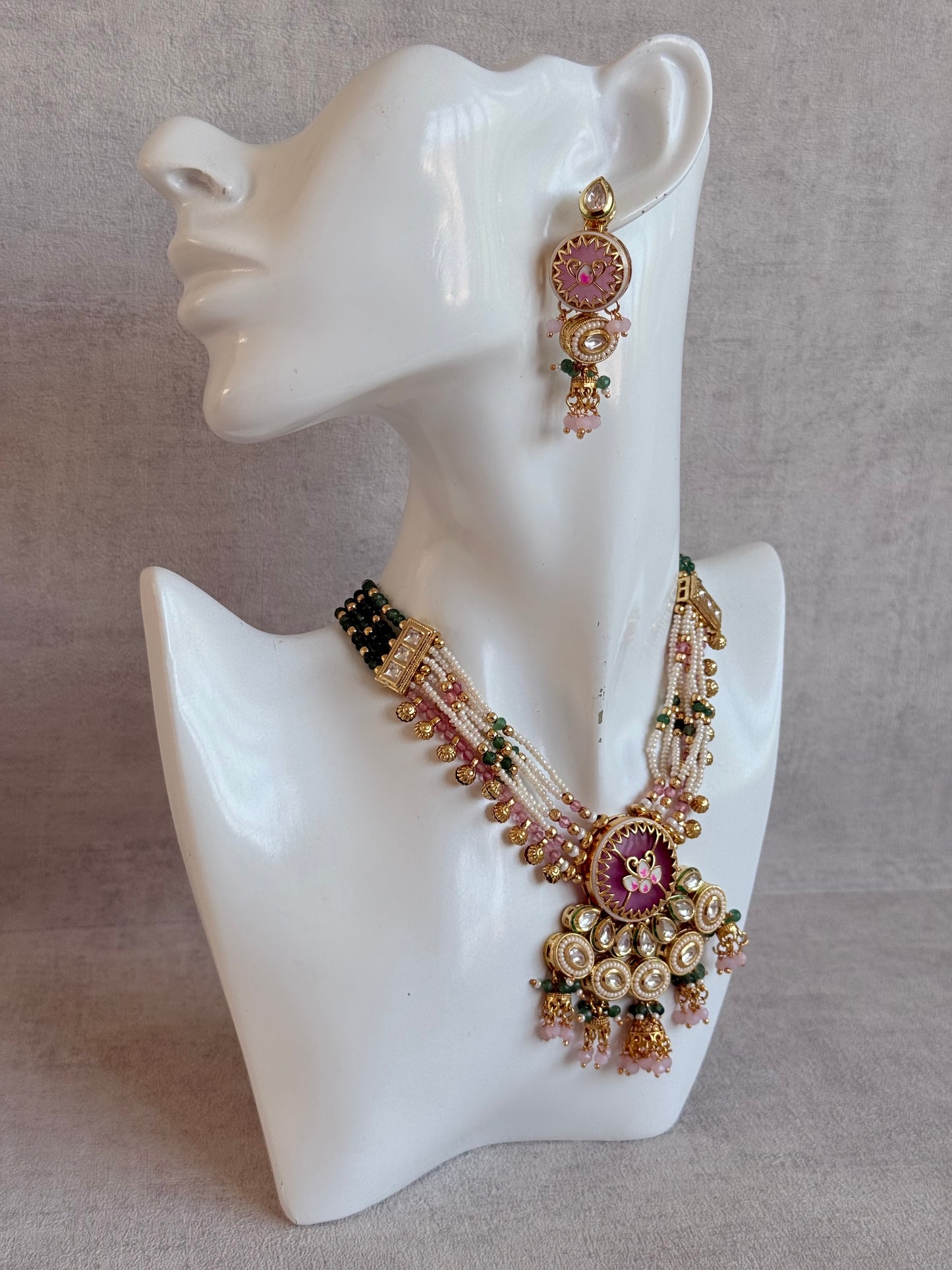 Ayura Designs Hasika Necklace Set with Earrings – Rose Pink, Emerald Green, Kundan & Pearl Detailing