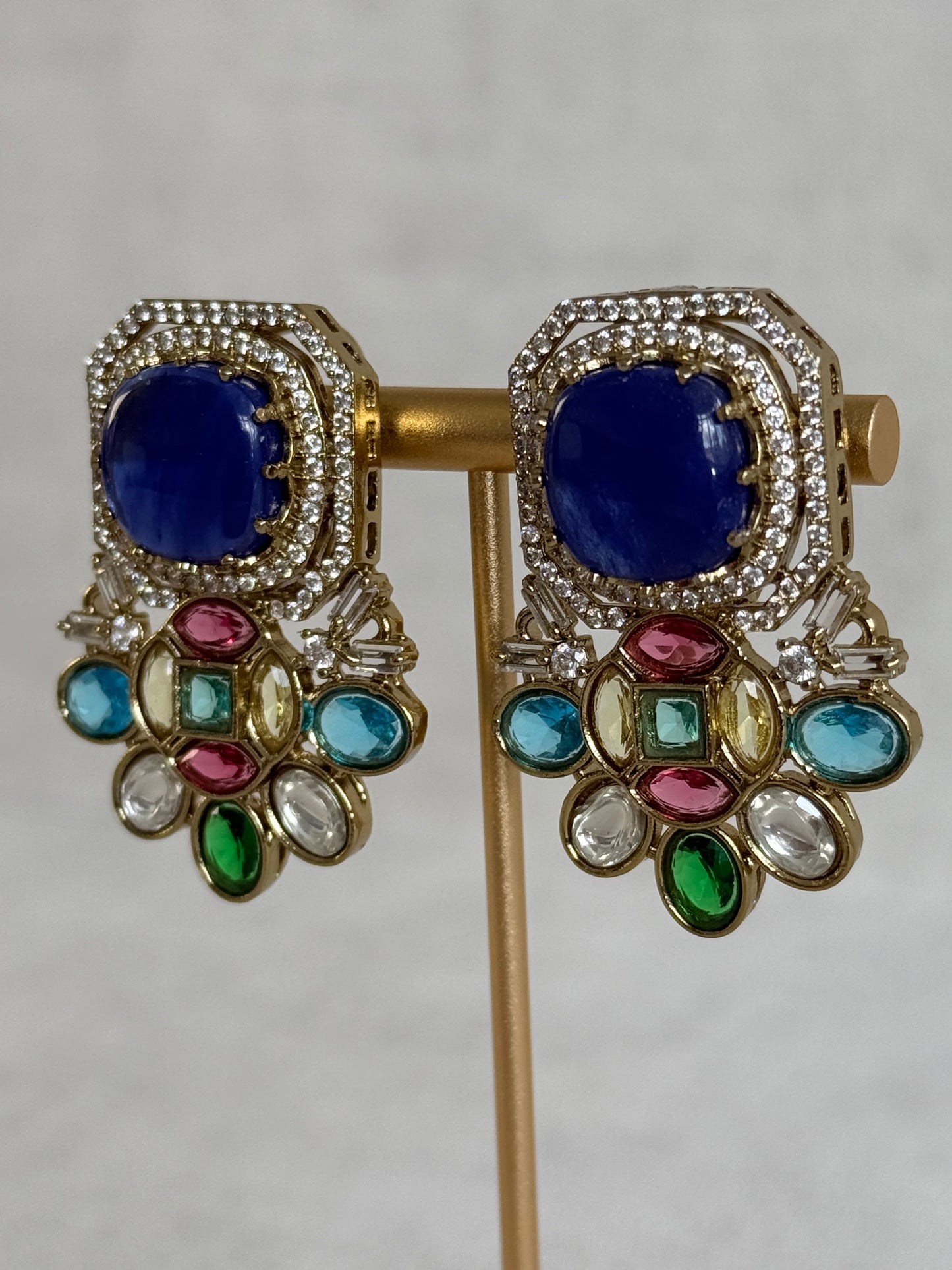 Ayura Designs Inez Earrings – Cobalt Blue Multicolour Statement Studs in Gold