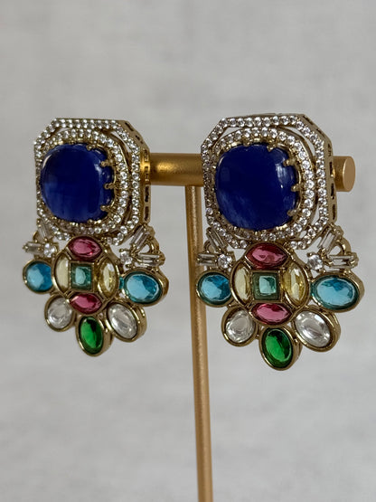 Ayura Designs Inez Earrings – Cobalt Blue Multicolour Statement Studs in Gold