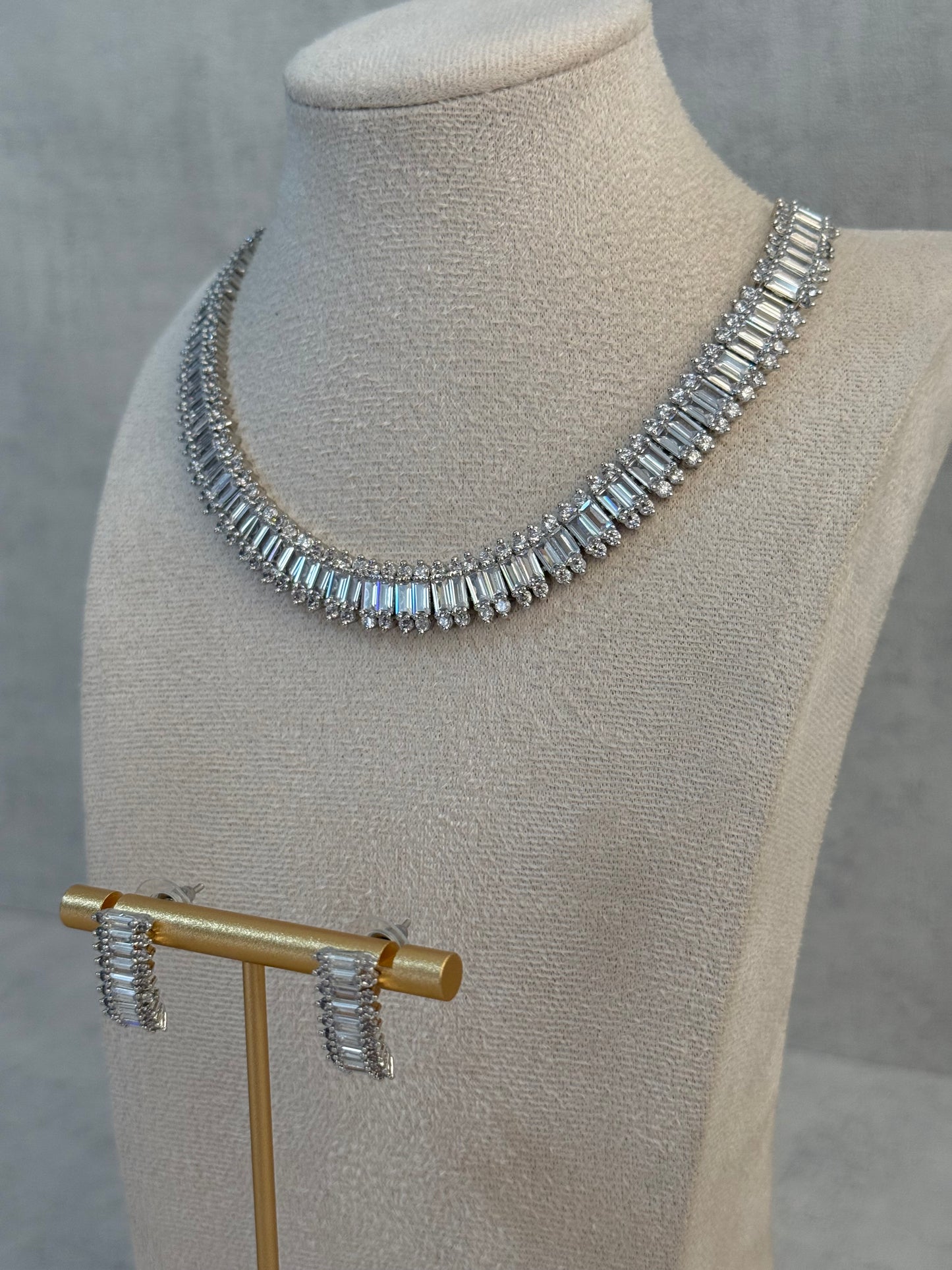 Ayura Designs Isadora Set with Necklace & Stud Earrings – Silver Finish with Baguette-Cut Crystals