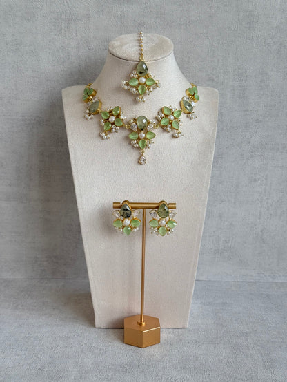 Ayura Designs Zaria Set with Tikka & Earrings – Prehnite with Pearls & Crystals