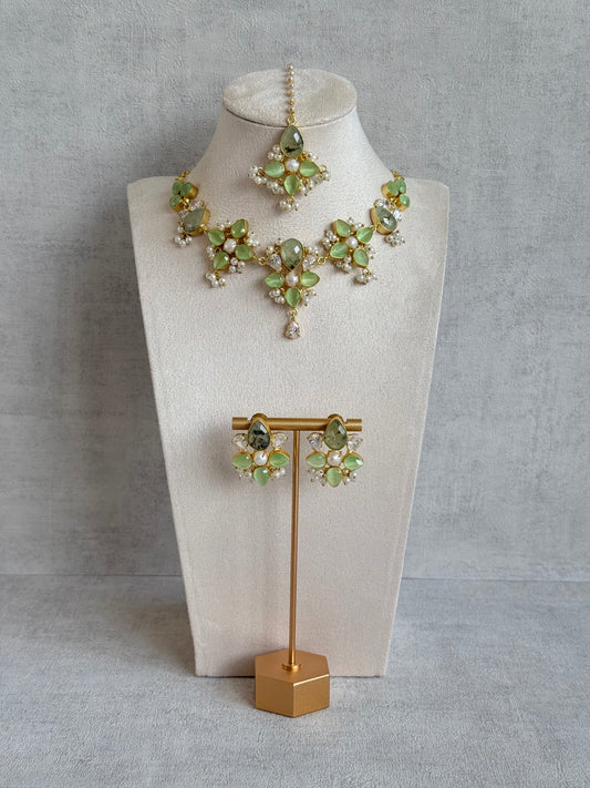Ayura Designs Zaria Set with Tikka & Earrings – Prehnite with Pearls & Crystals