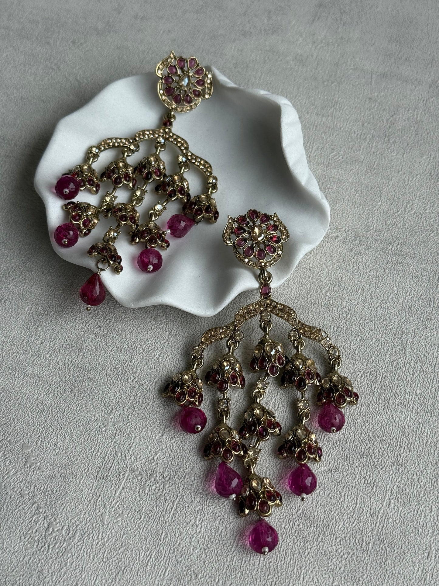 Ayura Designs Jasmine Earrings – Chandelier Earrings with Rose Pink Beads & Antique Gold Detailing