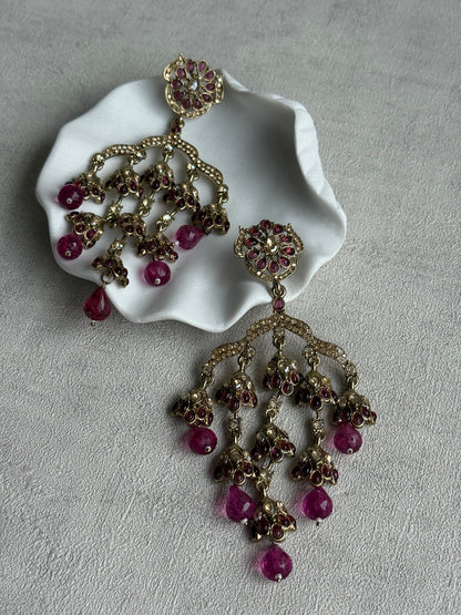 Ayura Designs Jasmine Earrings – Chandelier Earrings with Rose Pink Beads & Antique Gold Detailing