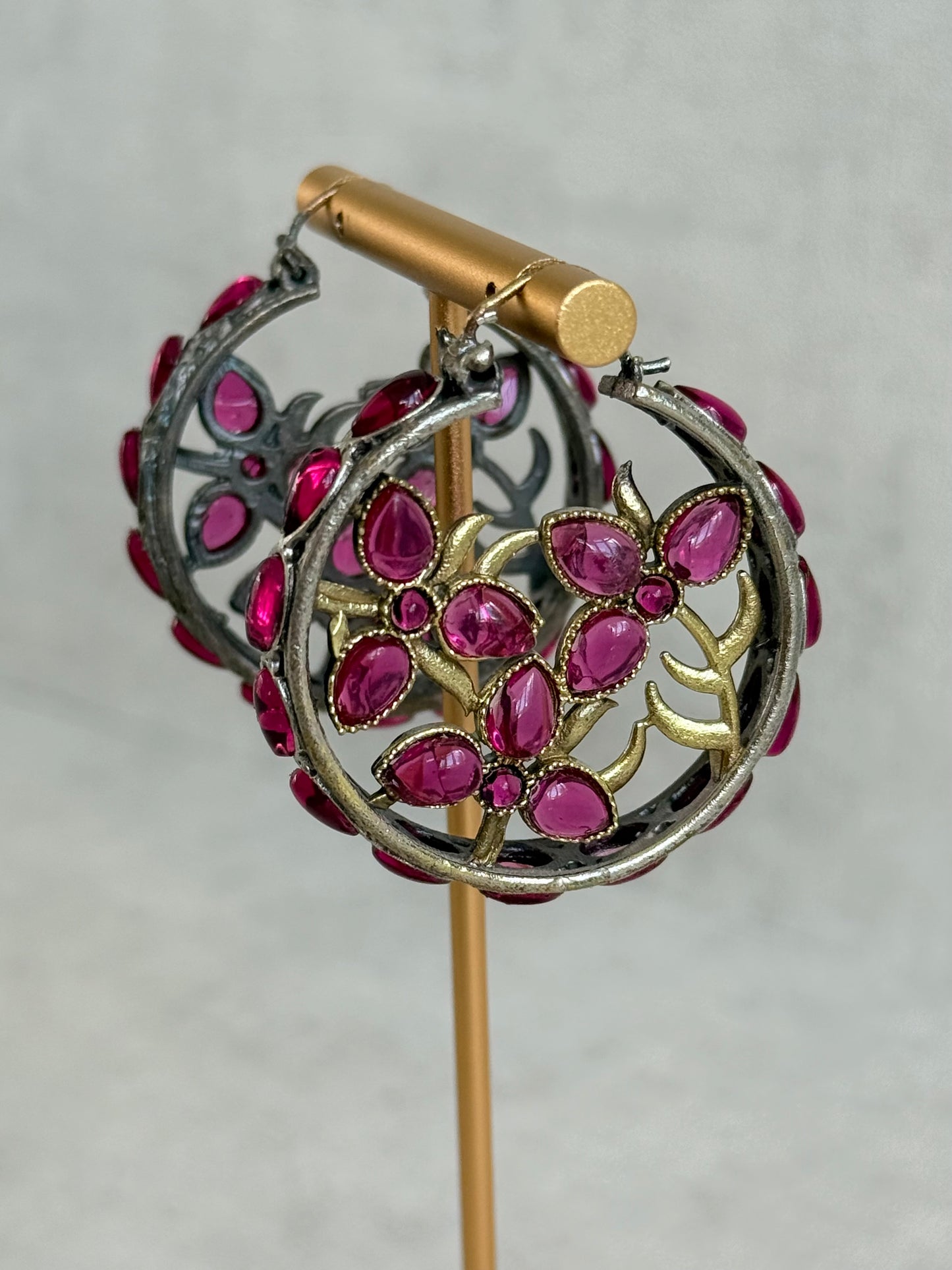 Ayura Designs Nureh Earrings – Dual Tone Floral Hoop Earrings with Ruby Pink Stones & Cutwork Detailing