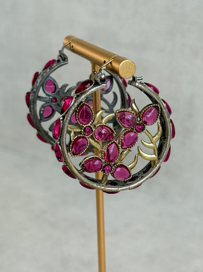 Ayura Designs Nureh Earrings – Dual Tone Floral Hoop Earrings with Ruby Pink Stones & Cutwork Detailing