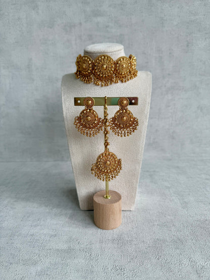 Ayura Designs Nawab Set – Antique Gold Choker, Jhumkis & Tikka with Filigree Medallions