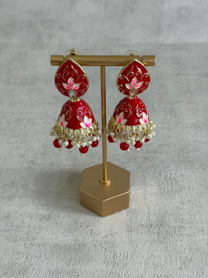 Ayura Designs Gia Jhumkis – Red Meenakari with Pink Lotus Motifs & Ivory Pearl Drops