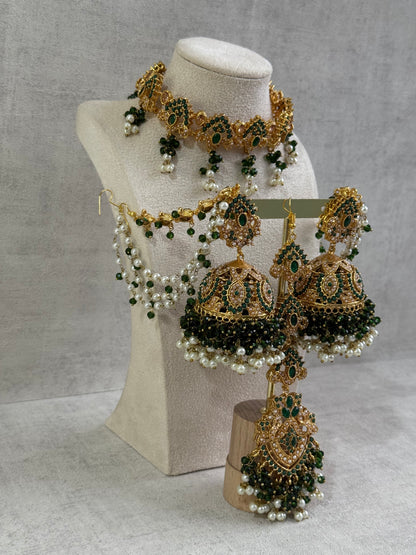 Ayura Designs Noor Set – Choker, Jhumkis with Sahare & Tikka in Emerald Green with Pearl Detailing