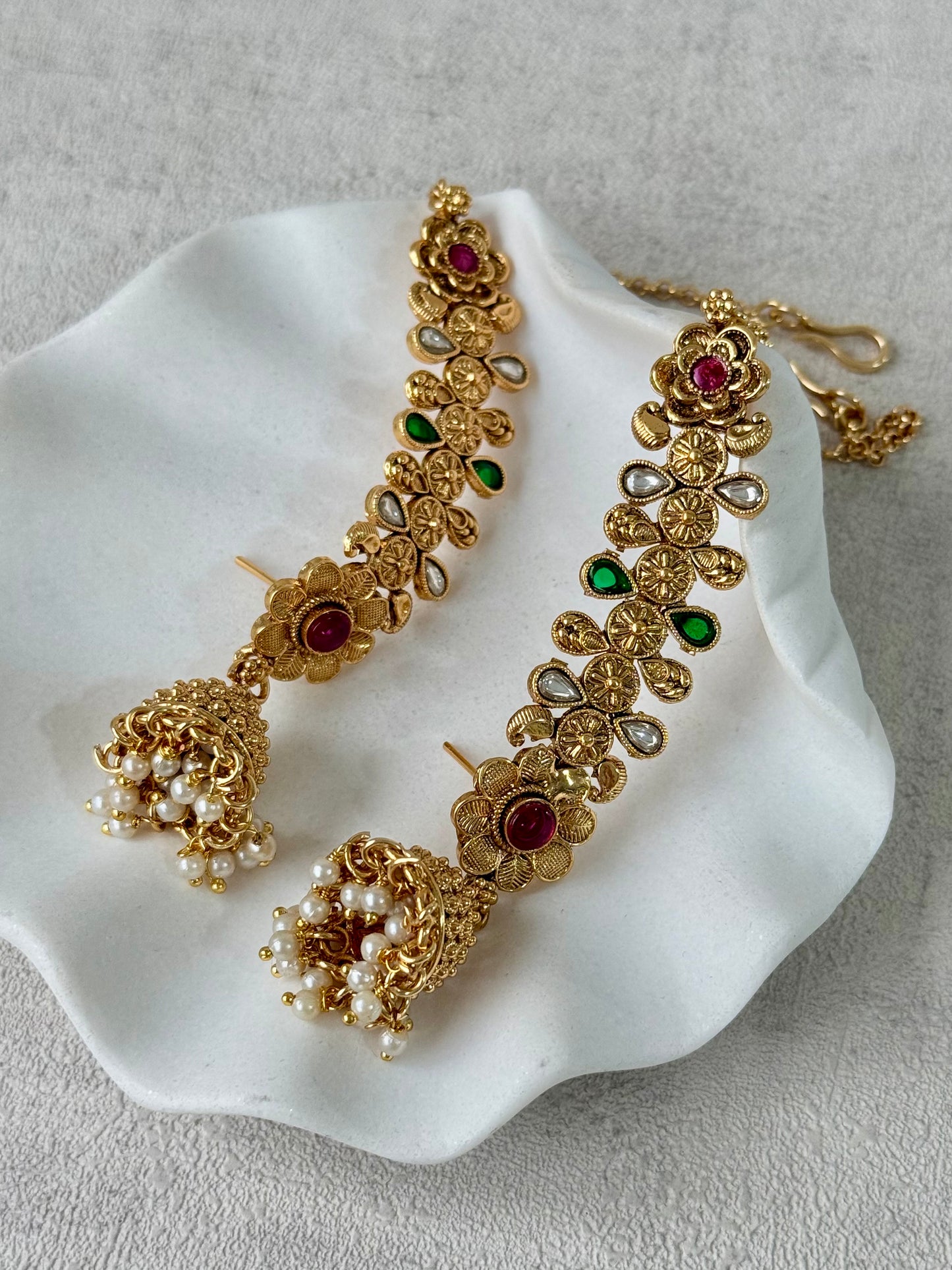 Ayura Designs Keerti Jhumkis – Antique Gold Kannauti Earrings with Ruby Pink & Emerald Green Stones, Mirror-Cut Detailing & Pearl Drops