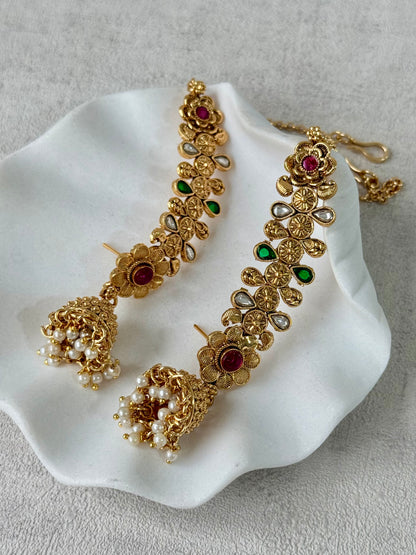 Ayura Designs Keerti Jhumkis – Antique Gold Kannauti Earrings with Ruby Pink & Emerald Green Stones, Mirror-Cut Detailing & Pearl Drops