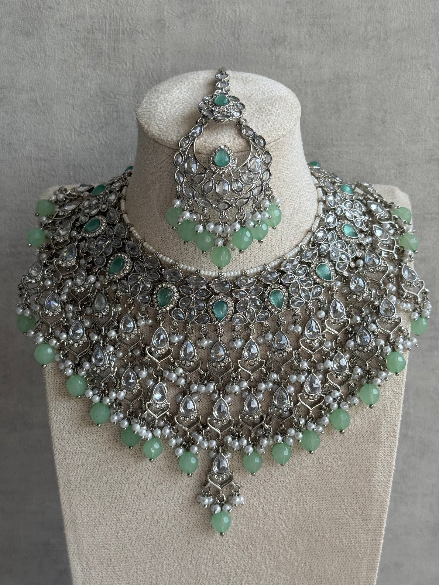 Ayura Designs Eknoor Set – Necklace, Tikka & Earrings with Aqua Blue Beads, Pearls and Silver Finish