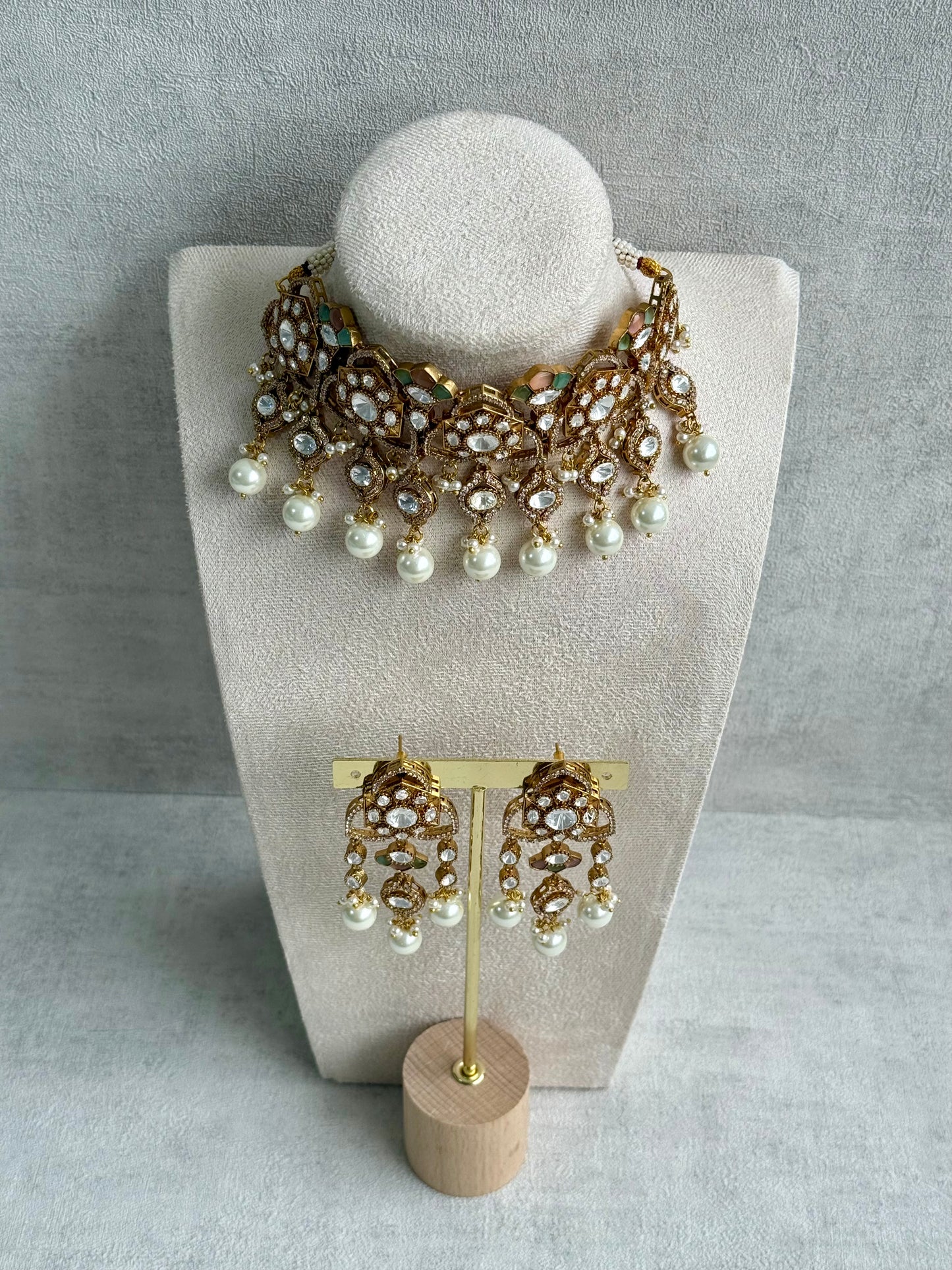 Ayura Designs Serina Choker Set with Earrings – Peach & Pistachio Enamel, Mirror-Cut Stones & Pearl Drops