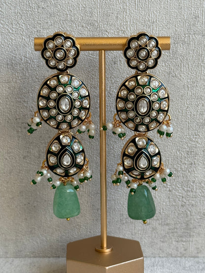 Ayura Designs Sumaira Set with Passa – Necklace, Earrings, Tikka & Passa with Kundan, Green Meenakari Detailing & Jade Green Drops