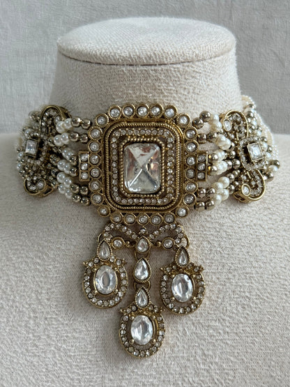 Ayura Designs Nabiha Choker Set with Studs – Ivory Pearl, Crystal Detailing & Gold Finish
