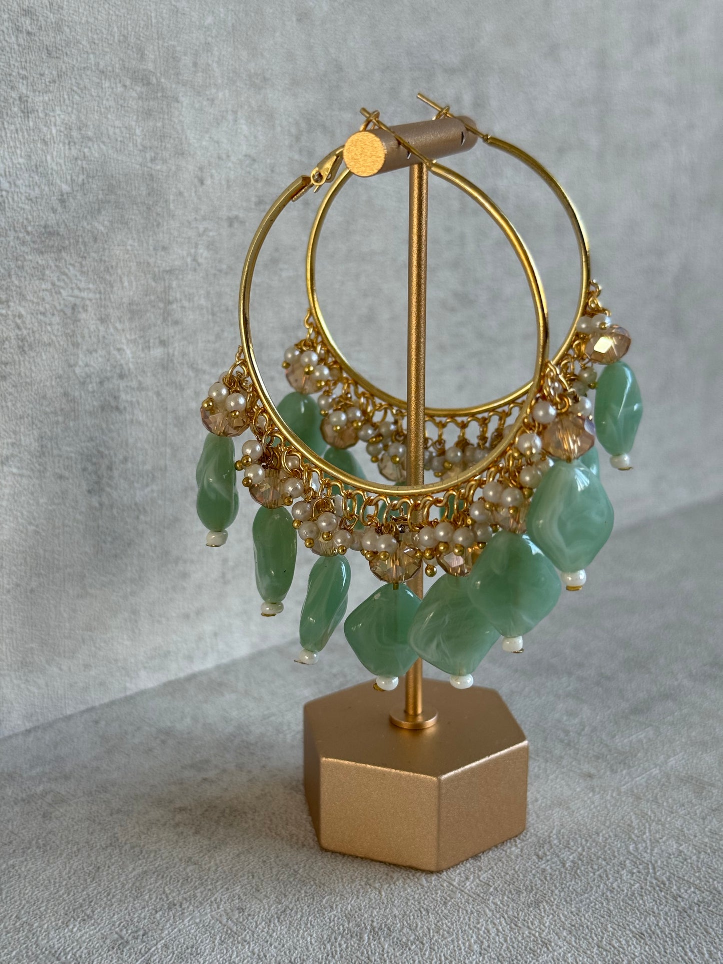 Ayura Designs Heer Balis – Gold Hoops with Mint Marble Beads, Pearls & Crystal Detailing