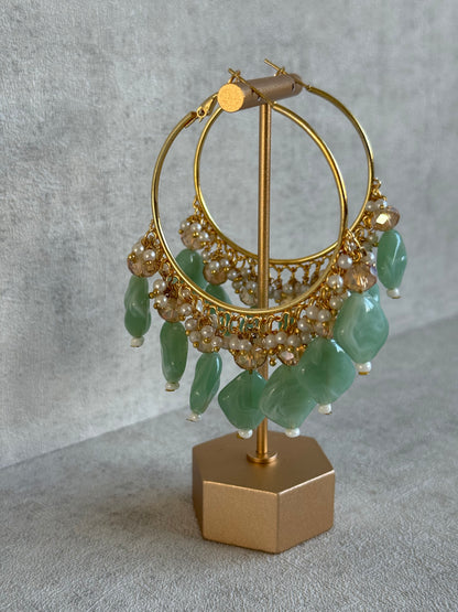 Ayura Designs Heer Balis – Gold Hoops with Mint Marble Beads, Pearls & Crystal Detailing