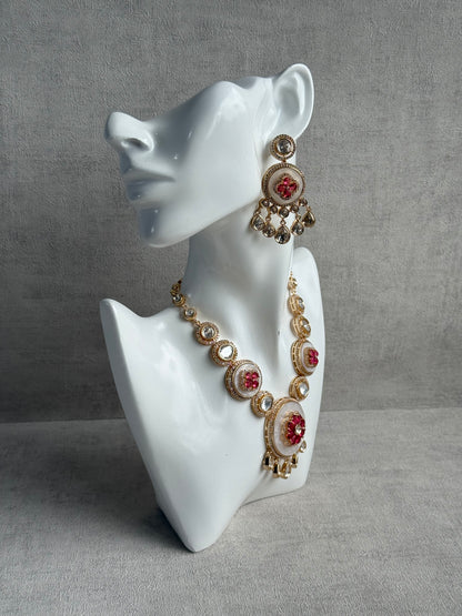 Ayura Designs Wisah Set – Necklace & Earrings with Mother of Pearl, Ruby Pink Stones & Mirror-Cut Detailing