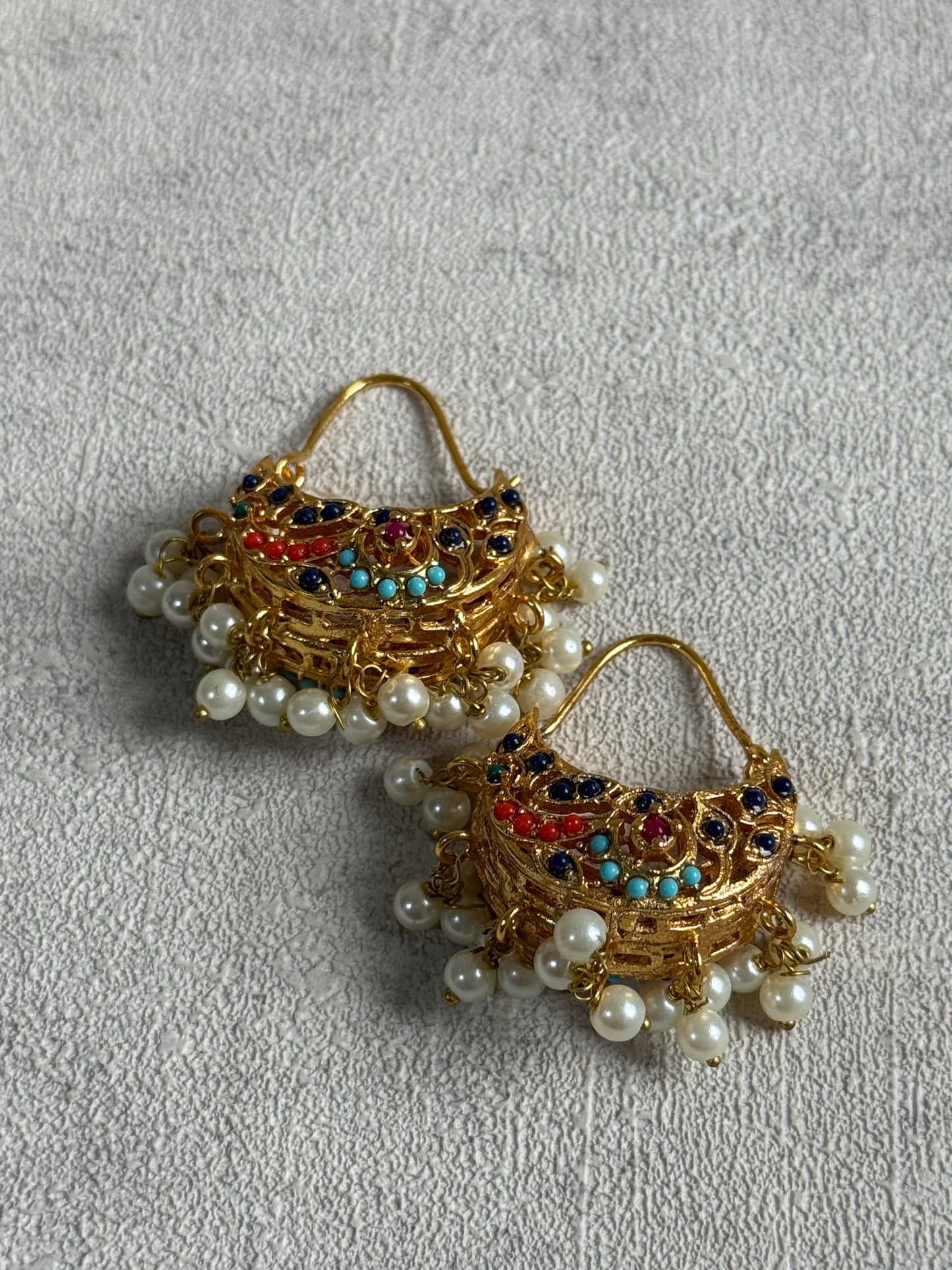 Ayura Designs Rasam Balis – Antique Gold Hoops with Multicolour Stones & Pearl Clusters