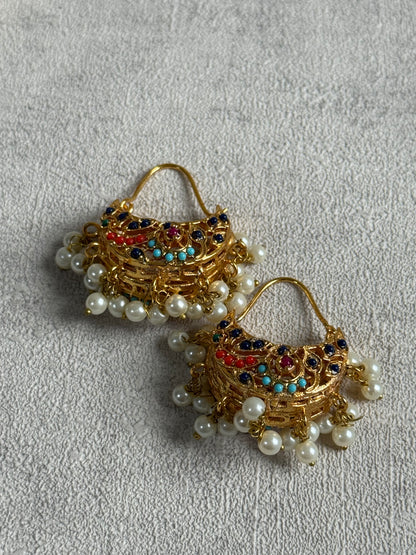 Ayura Designs Rasam Balis – Antique Gold Hoops with Multicolour Stones & Pearl Clusters