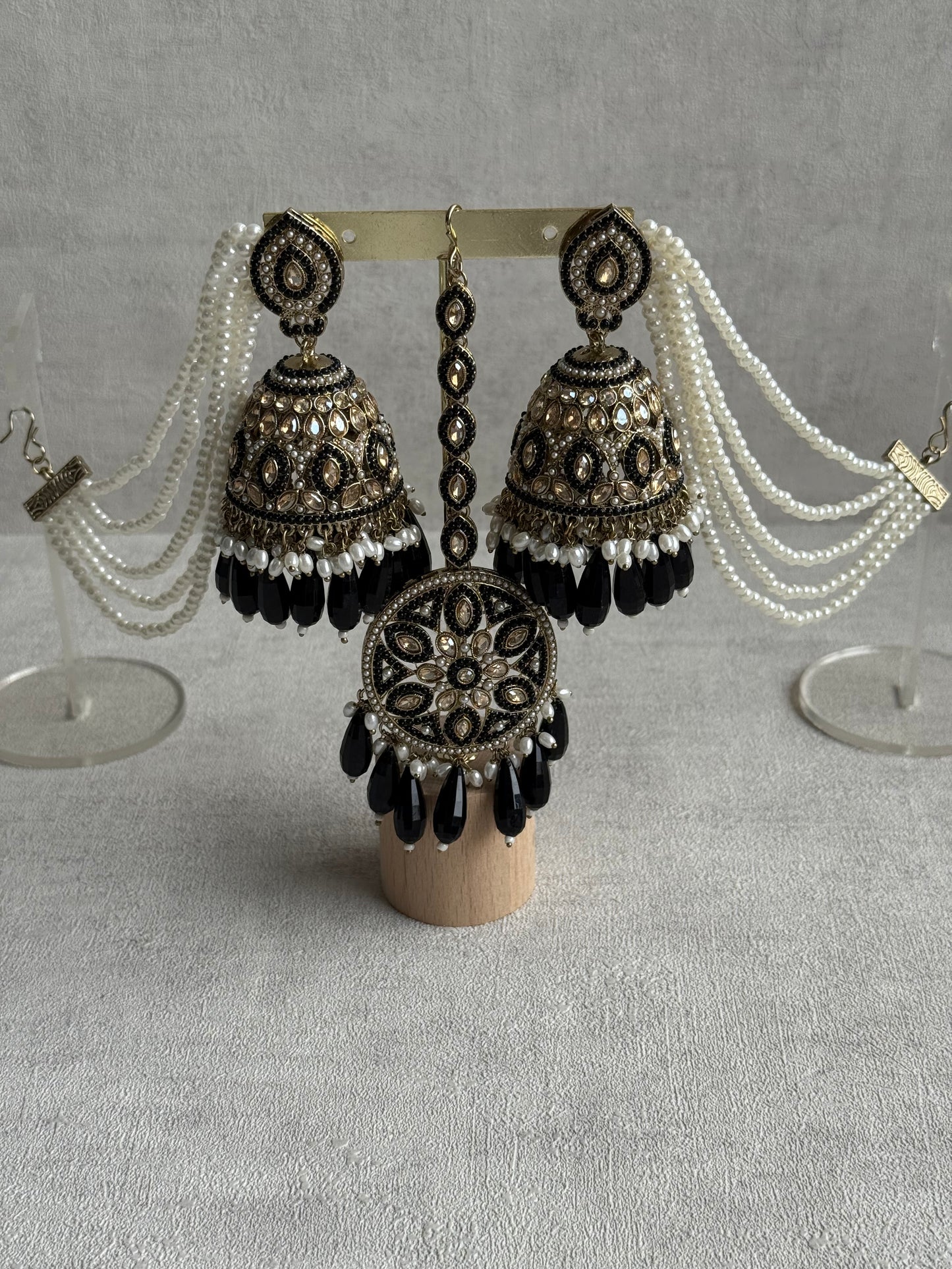 Ayura Designs Amrita Set – Jhumkis with Sahare & Tikka in Black, Pearls and Antique Gold Finish